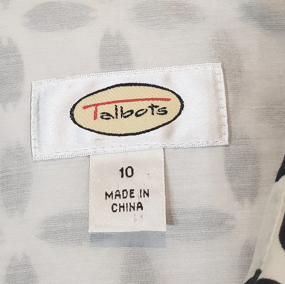 Talbots  Silk Cotton Vintage Button Down Shirt Black & White Print Size 10